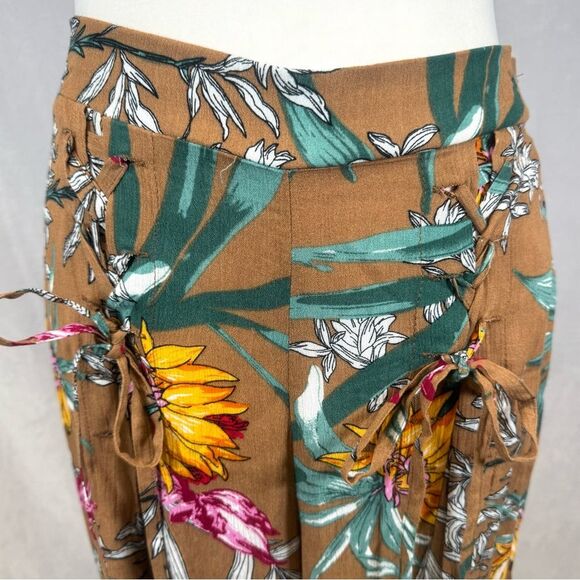 Kori America tropical print lace up tie front wide leg palazzo pants size small - Picture 2 of 7